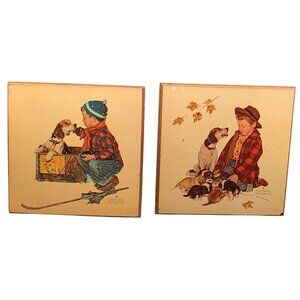 Norman Rockwell Vintage Wall Art Plaques Set Of 2 Boy & Dog Scenes 8"x 8" Rustic